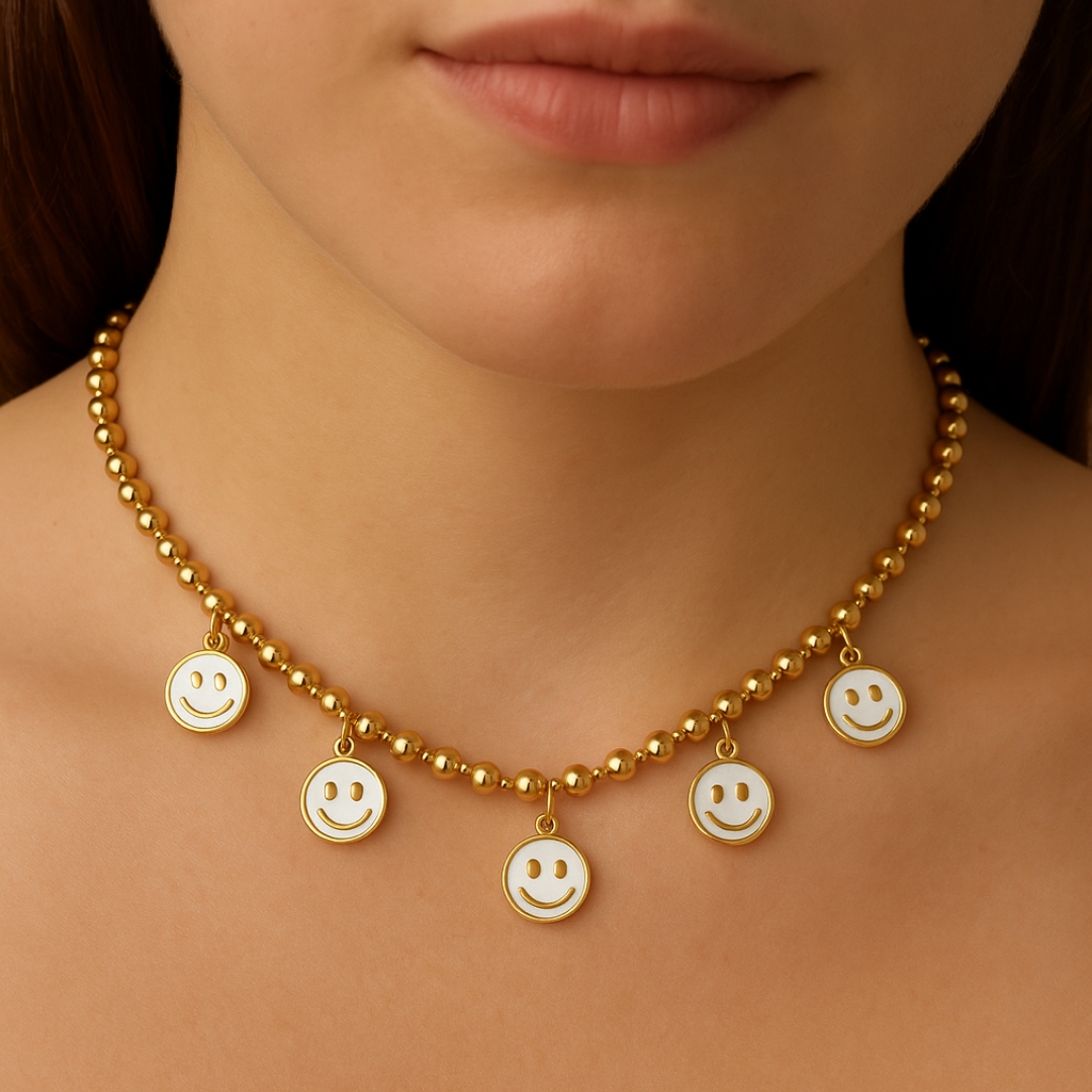 Gold Beaded Necklace with Smiley Charms - Image 2
