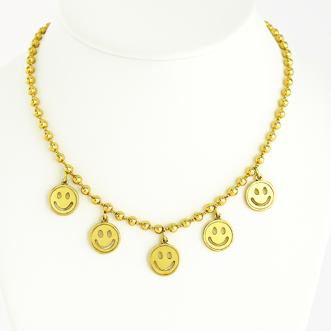 Gold Beaded Necklace with Smiley Charms - Image 3