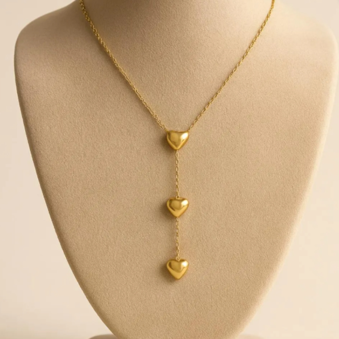 Gold Y necklace with 3 hearts elegant stainless steel jewelry for women