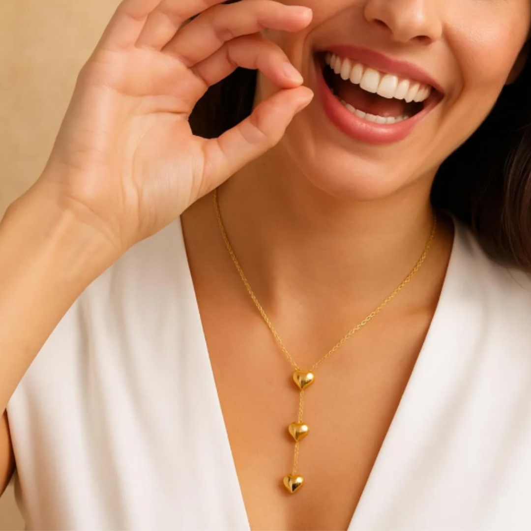 Gold Y Necklace with 3 Hearts - Image 2