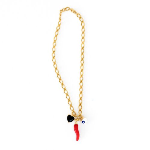 Collar Amuleto de la Suerte con Ojo Turco, Corazón Negro y Ajícito Rojo | Amulet Necklace with Evil Eye, Black Heart & Red Chili Charm