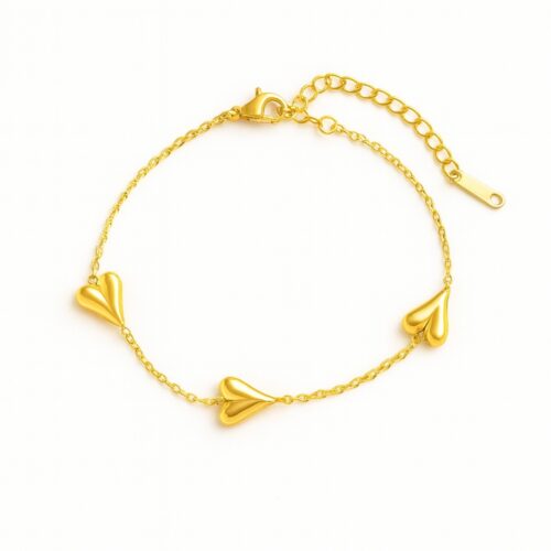 Pulsera dorada con tres corazones en cadena ajustable, joyería minimalista elegante