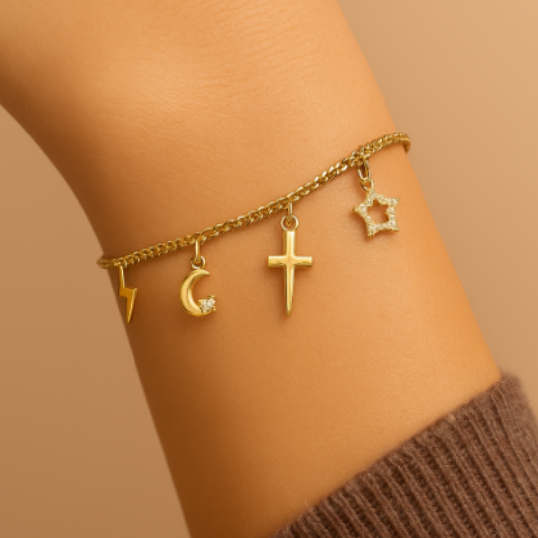 Gold Charm Bracelet – Cross, Moon, Star & Lightning - Image 2