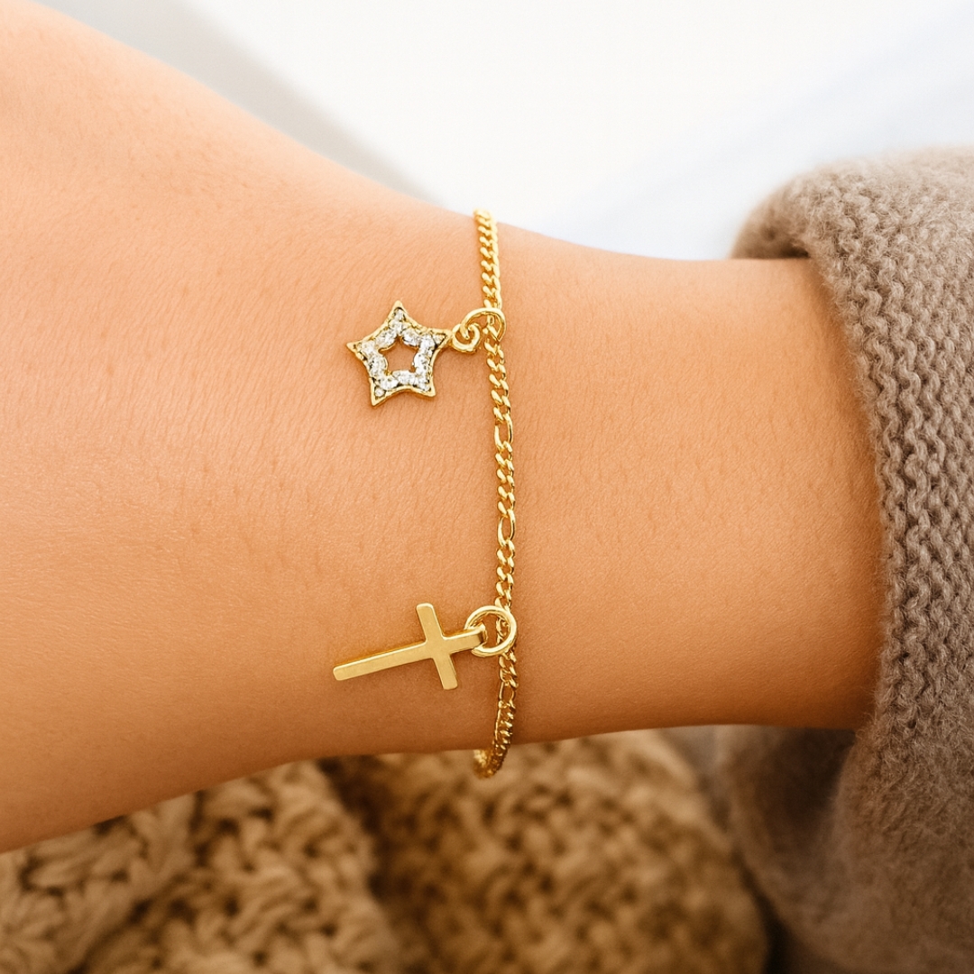 Gold Charm Bracelet – Cross, Moon, Star & Lightning - Image 3
