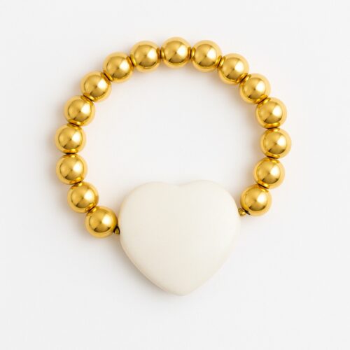 Light Heart Bracelet – Gold Beaded Bracelet with White Heart Charm