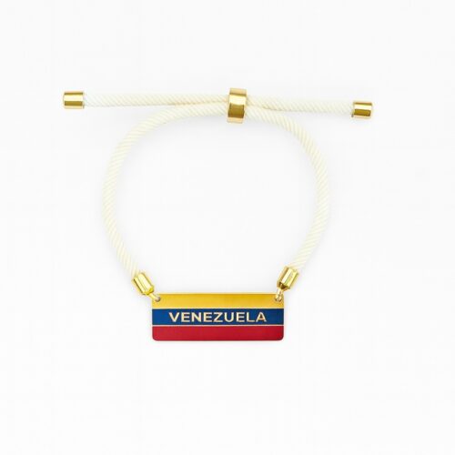 Handmade Venezuela bracelet with adjustable white cord and golden plate with flag design