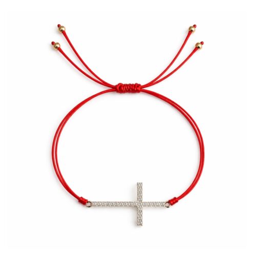 Adjustable red string bracelet with silver cross, minimalist religious bracelet, Christian jewelry gift