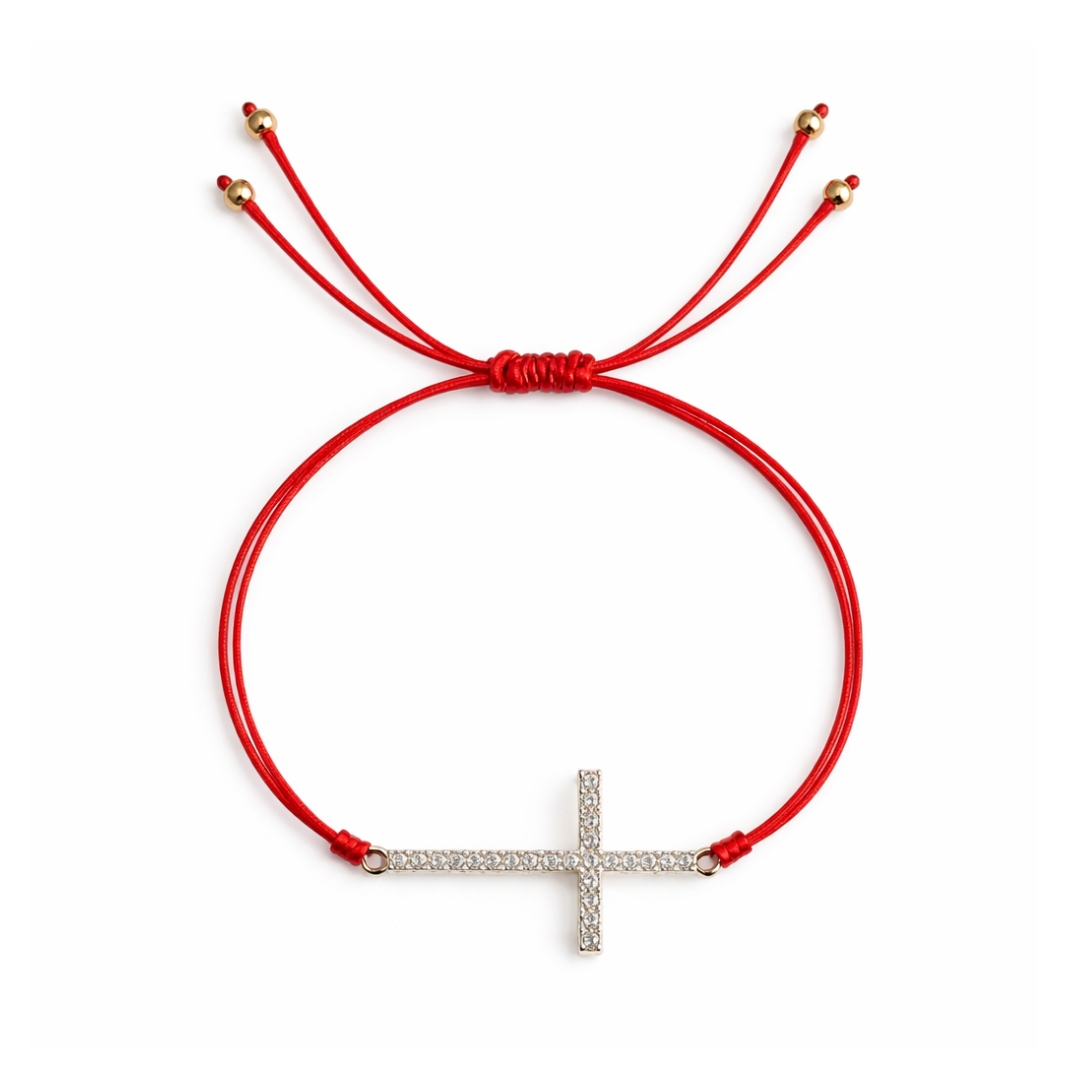Adjustable red string bracelet with silver cross, minimalist religious bracelet, Christian jewelry gift
