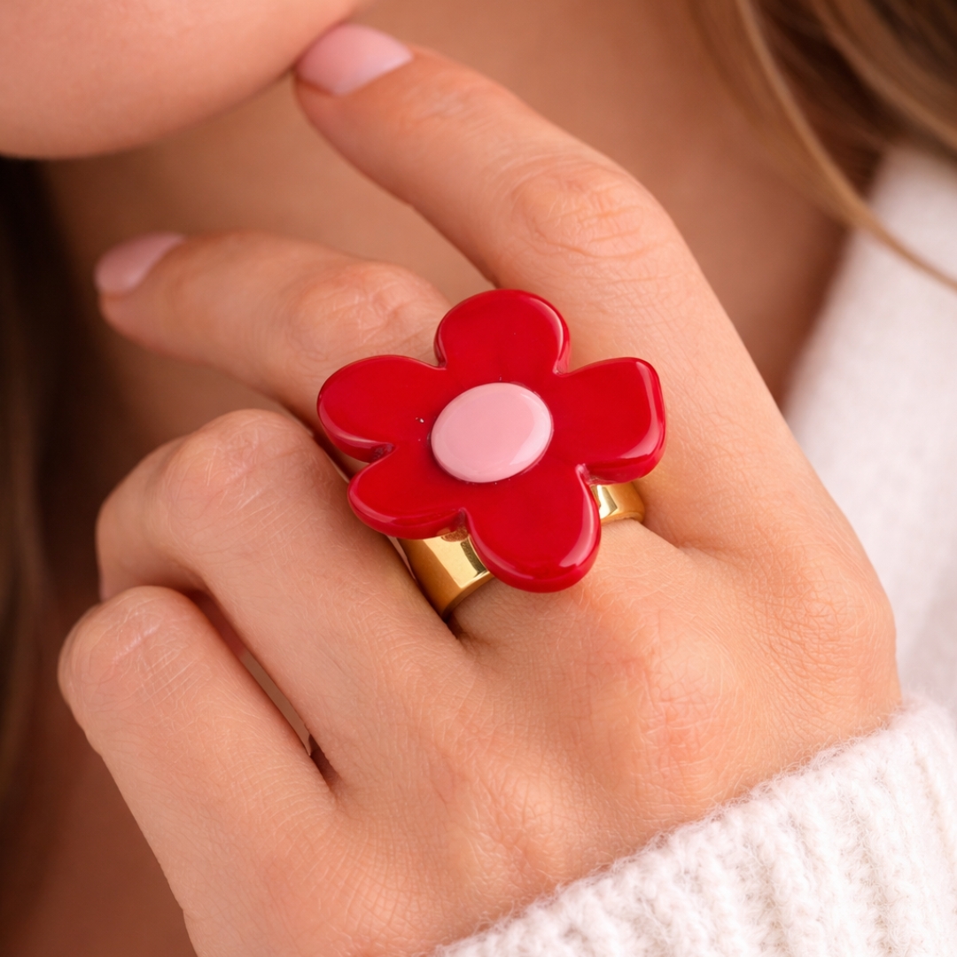 Red Flower Statement Ring – Trendy Adjustable Resin Jewelry - Image 2