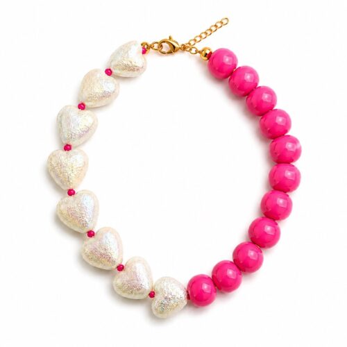 Pink Heart Statement Necklace featuring glossy fuchsia resin beads and oversized heart accents. in USA