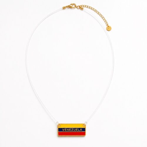 Minimalist Venezuela flag necklace on a transparent cord with gold accents, handmade patriotic jewelry for Venezuelans.