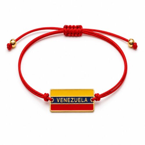 Adjustable red string bracelet featuring a gold Venezuela flag charm, handmade patriotic jewelry inspired by hope, protection, and Venezuelan pride.