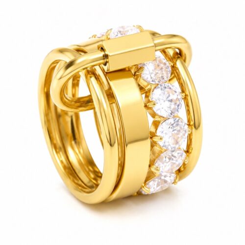 Gold multi band crystal statement ring with clear faceted stones