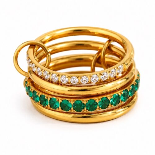 Gold crystal stack ring with multiple bands and sparkling stone details