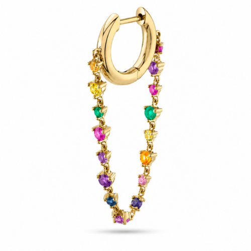 Crystal chain hoop earrings with dangling faceted stones and polished gold-tone finish
