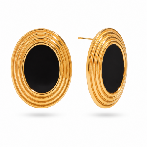 Oval statement stud earrings with polished gold-tone frame and glossy center detail