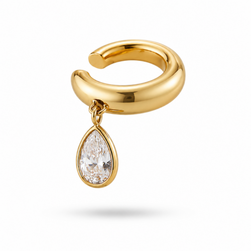 Gold stainless steel crystal drop ear cuff with teardrop charm