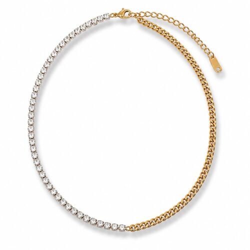 Half tennis chain necklace with clear zirconia stones and gold curb chain