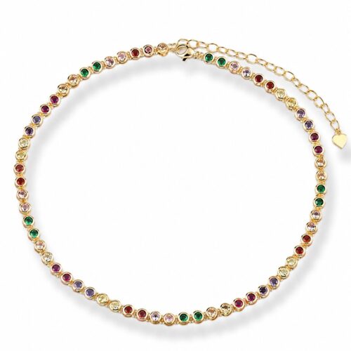 Crystal beaded necklace with faceted stones and gold-tone setting, available in clear and multicolor