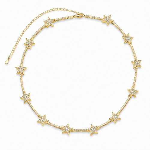 A luminous statement necklace featuring sparkling crystal stars set along a polished gold-tone chain. Elegant, feminine, and designed to shine from day to night.