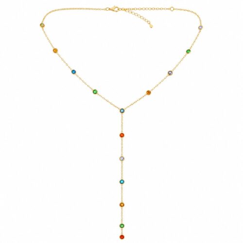 Colorful crystal lariat necklace with multicolor stones and gold-tone Y-shaped chain