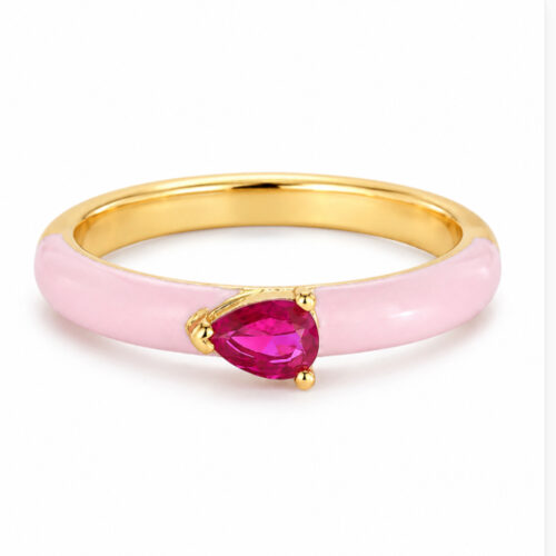 Pink crystal ring with glossy band and faceted teardrop stone