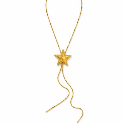 Gold star lariat necklace with statement star pendant and long drop chains