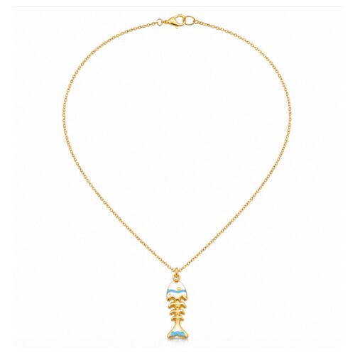 Gold fishbone charm necklace with blue and white enamel details on a delicate chain