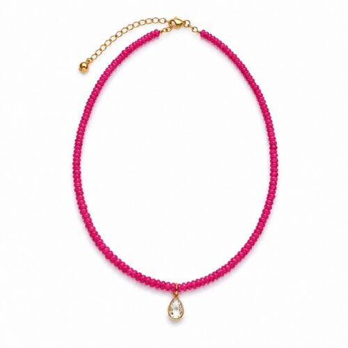 Pink opal necklace with faceted gemstone beads and gold-tone teardrop pendant