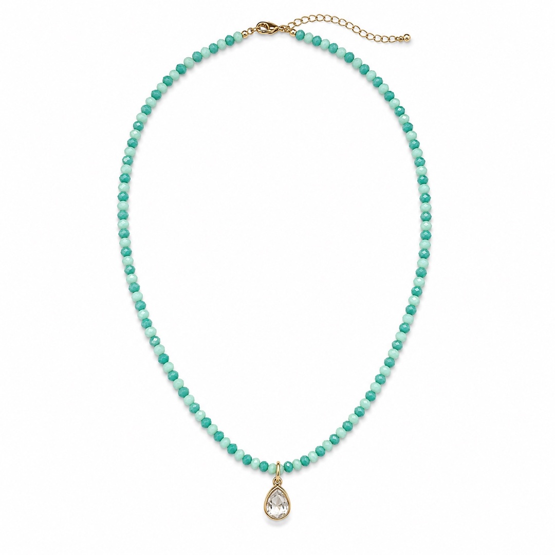 Mint crystal necklace with small faceted beads and teardrop charm