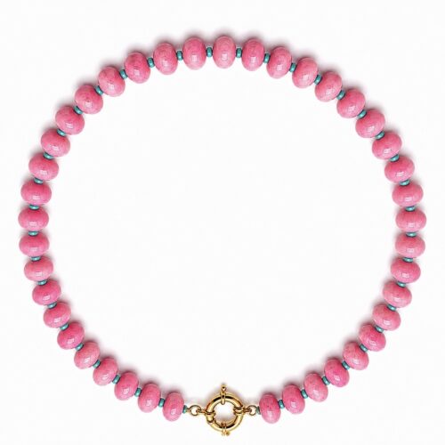 Pink beaded statement necklace with polished gold-tone circle clasp