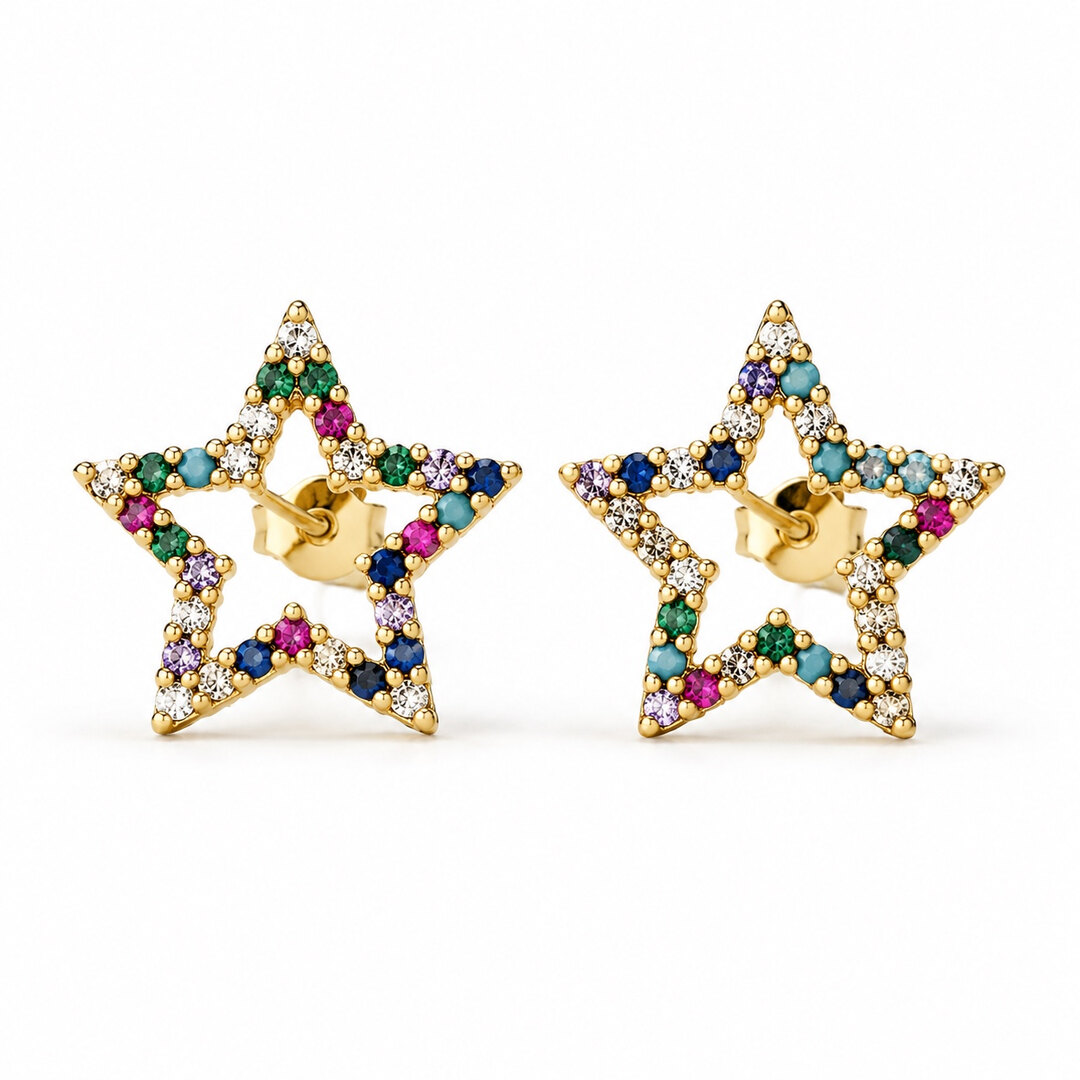 Gold star stud earrings with colorful crystal details in an open star design