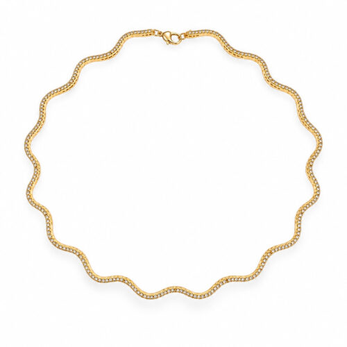Wavy crystal tennis necklace with continuous sparkling stones and gold-tone finish