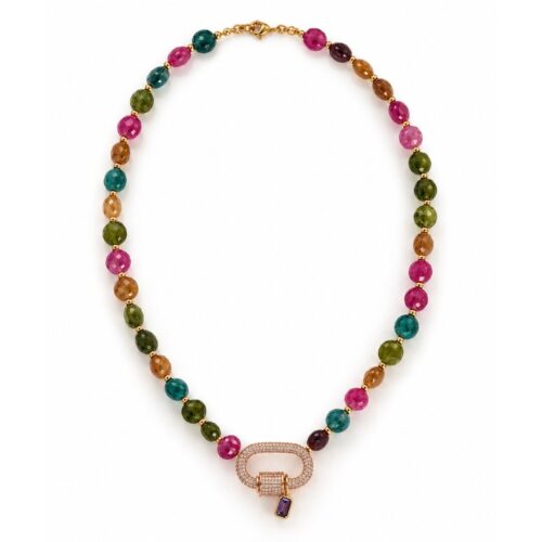 Natural stone beaded necklace with gold-tone accents, statement clasp, and charm detail
