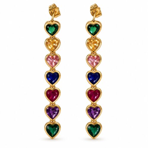 Multicolor crystal drop earrings with faceted jewel-tone stones in gold-tone settings